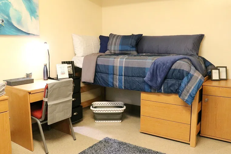 Interior of a bedroom that features a raised bed, desk, and chair.