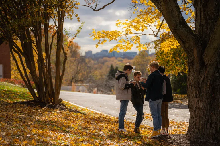 Students talking outside in the fall leaves