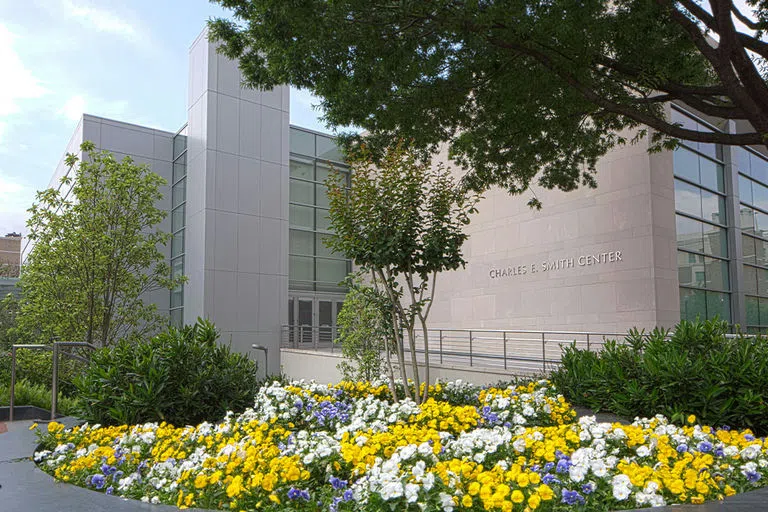 Exterior of the Charles E. Smith Center as viewed from the 22nd and G corner.