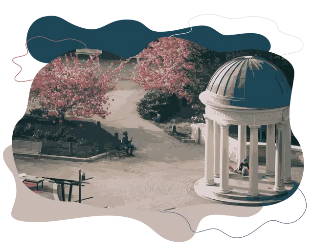 Outdoor plaza with cherry blossom trees and a dome noting "The George Washington University"