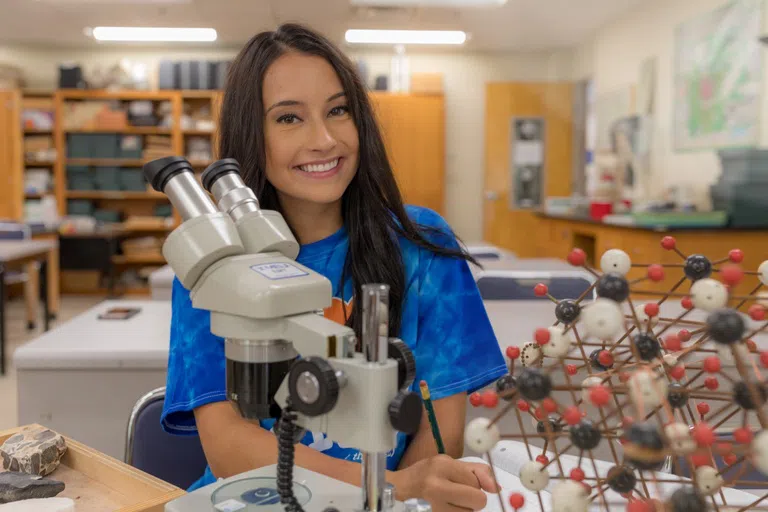 Student sits behind a microscope and smiles for the camera. 