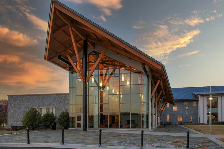 Exterior shot of Building B at sunset