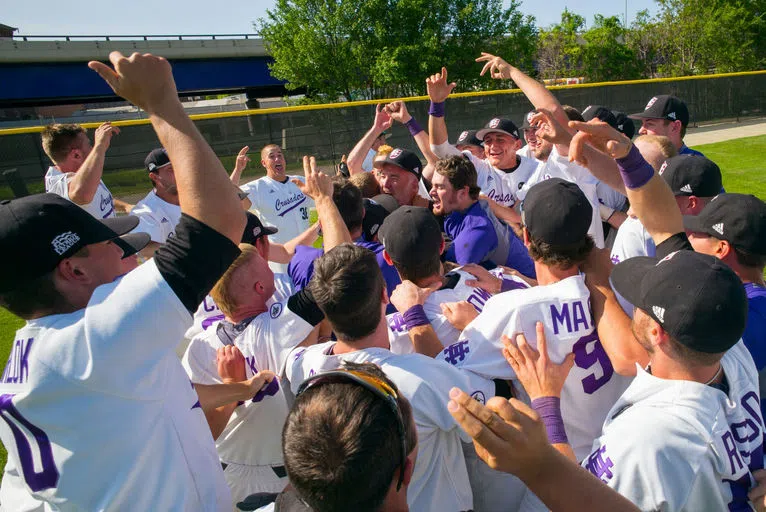 Holy cross baseball players celebrating 