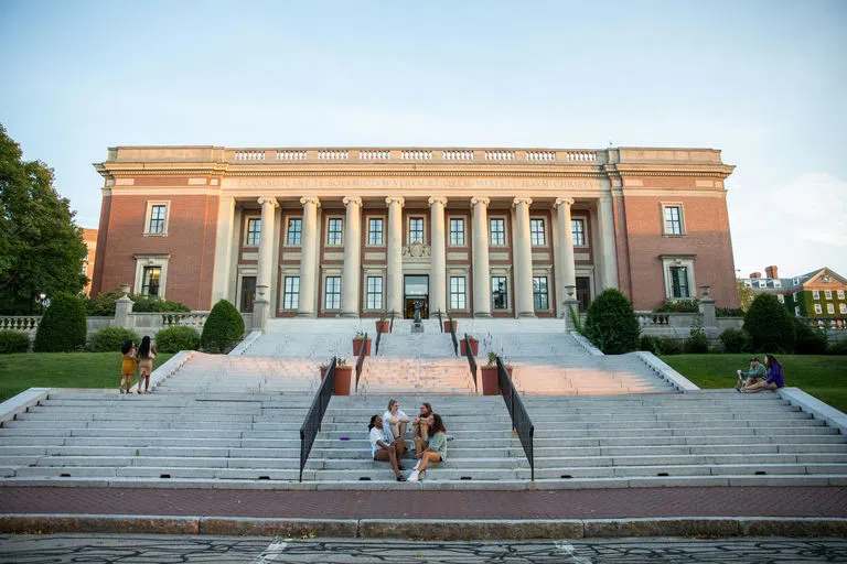 Wide shot of Dinand with students on the steps 