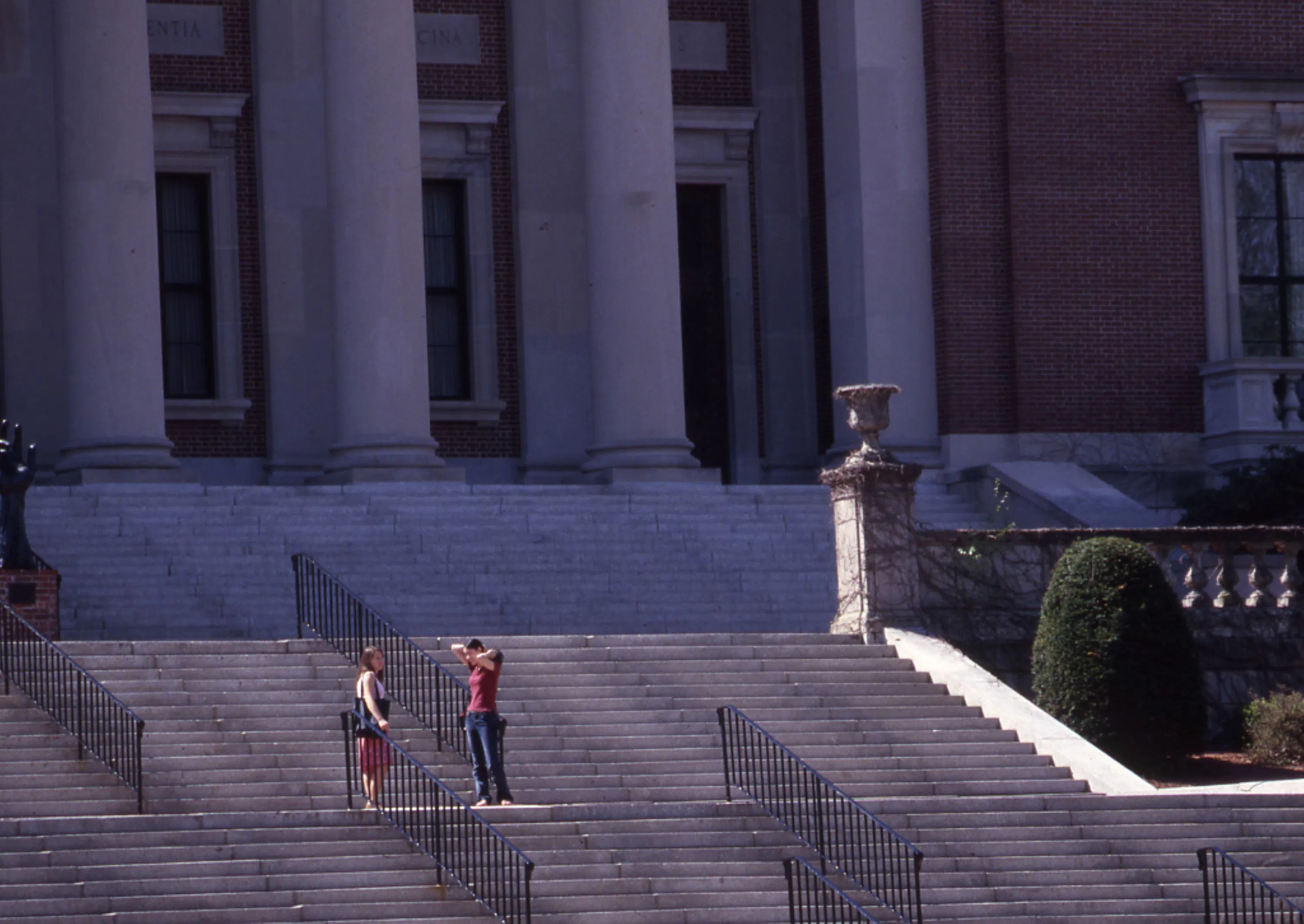 students talk standing on steps to library