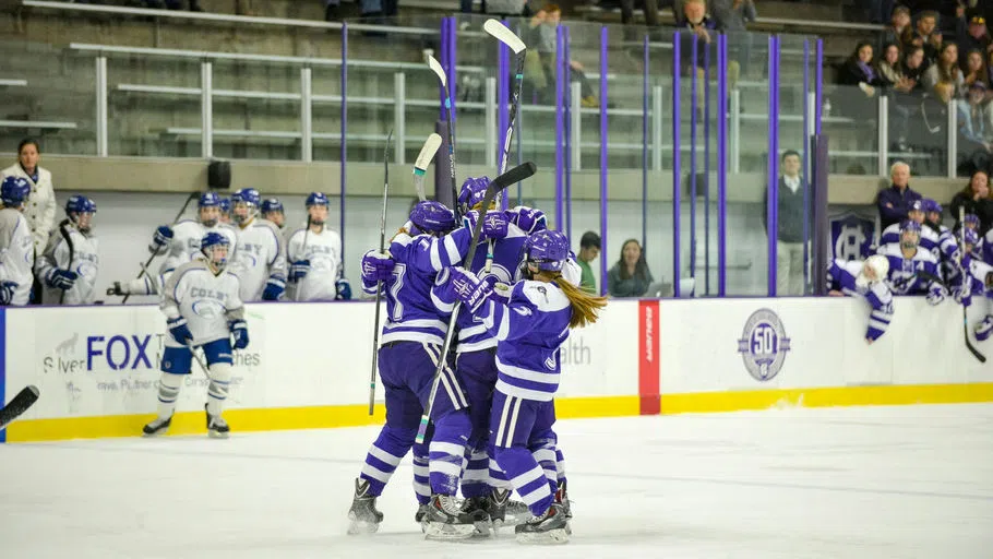 Women's hockey team group hug in rink 