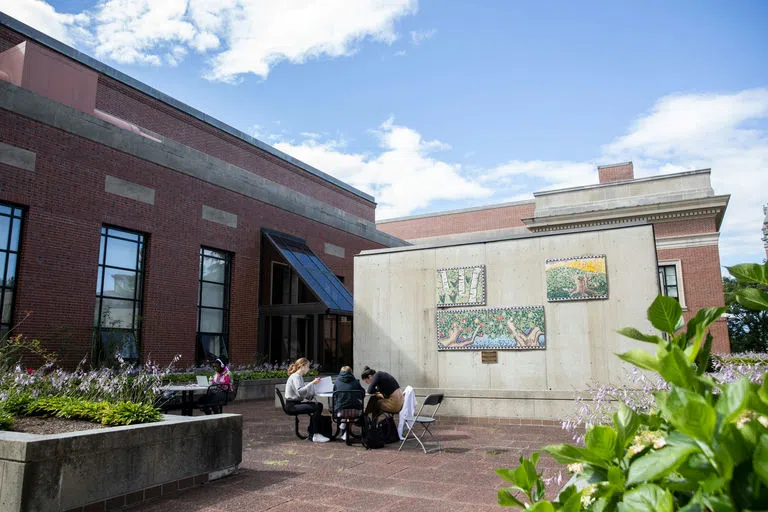 Students studying outside Dinand 