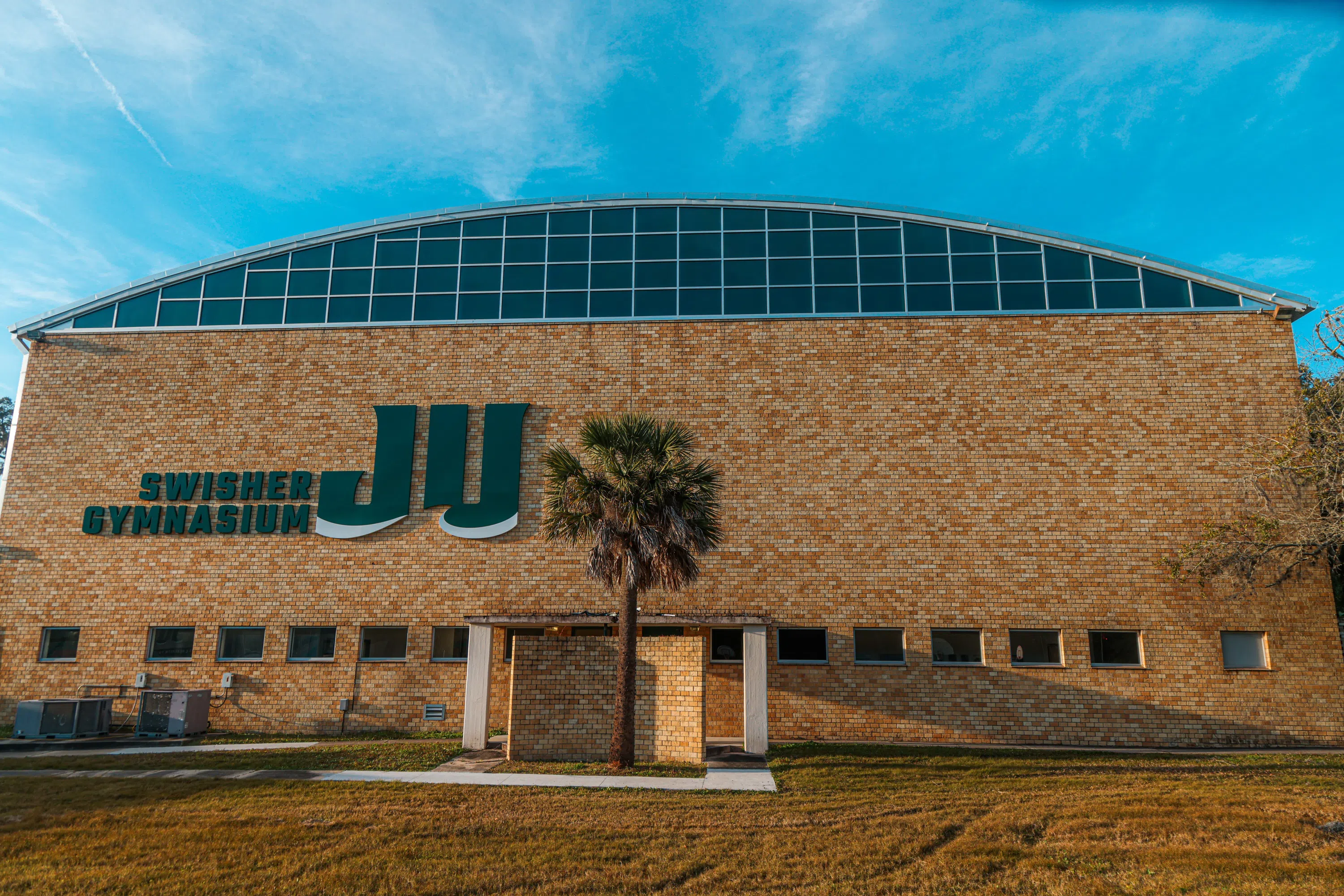 This is the outside of the back of Historic Swisher Gymnasium. 