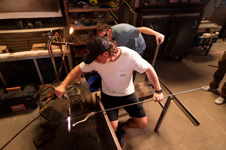 Inside the 2D/3D Arts Complex glassblowing studio.