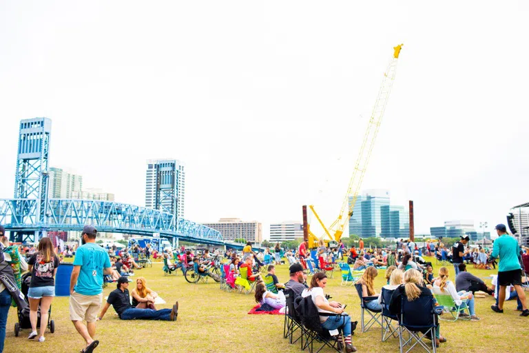 Concert-goers seated on the lawn