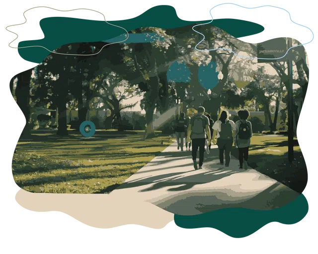 Students walking with backpacks on sidewalk with trees