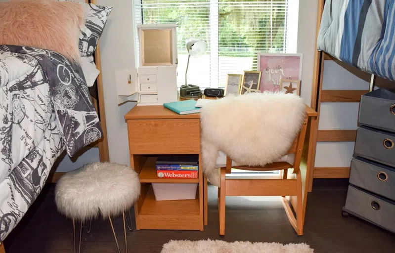 inside a freshman dorm room. Each dorm room comes with two desks.