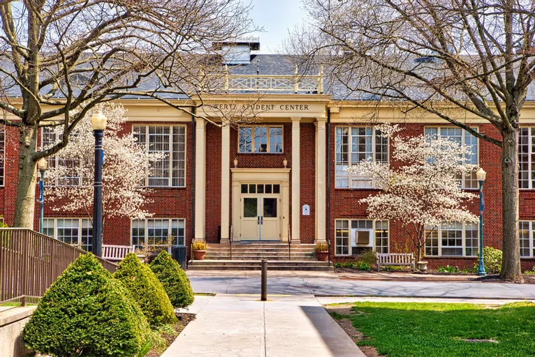 A view of the Wertz Student Center in the spring. 