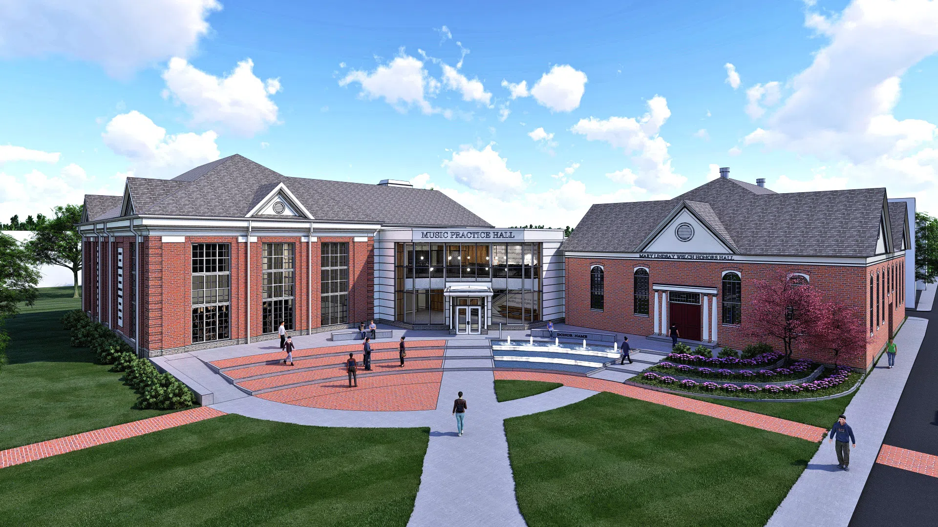 Rendering of the new music building connected to the Mary Lindsay Welch Honors Hall