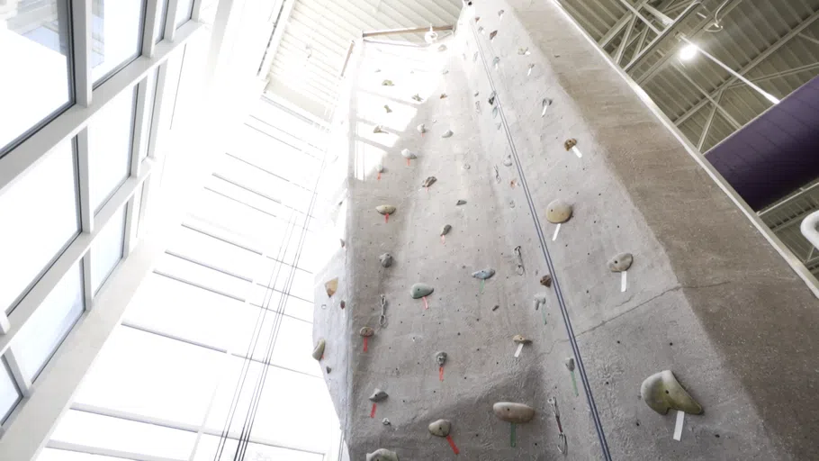 Looking upwards at the rock climbing wall.