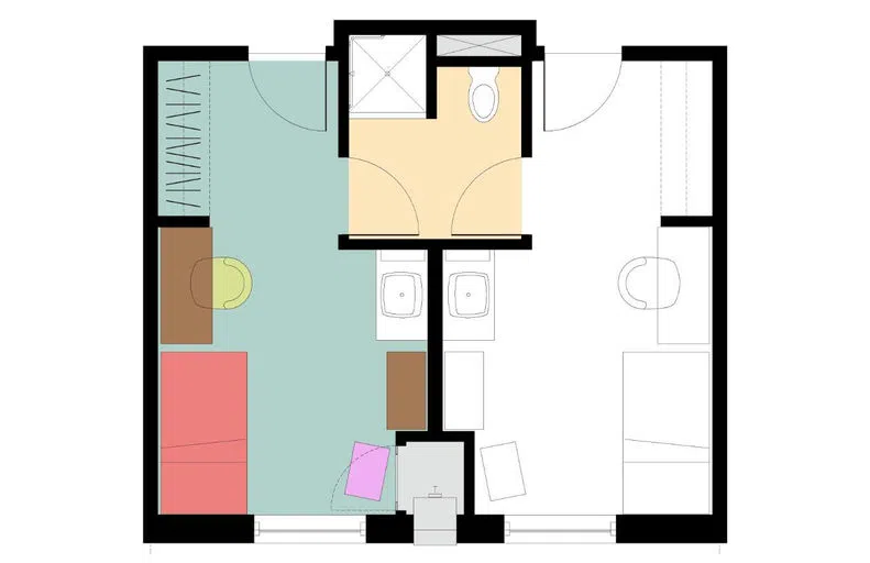 Floor plan of a dorm suite.