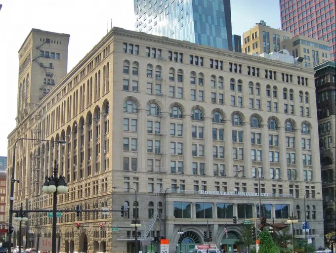 Street view of the outside of the Auditorium Building at Roosevelt University in Chicago, IL