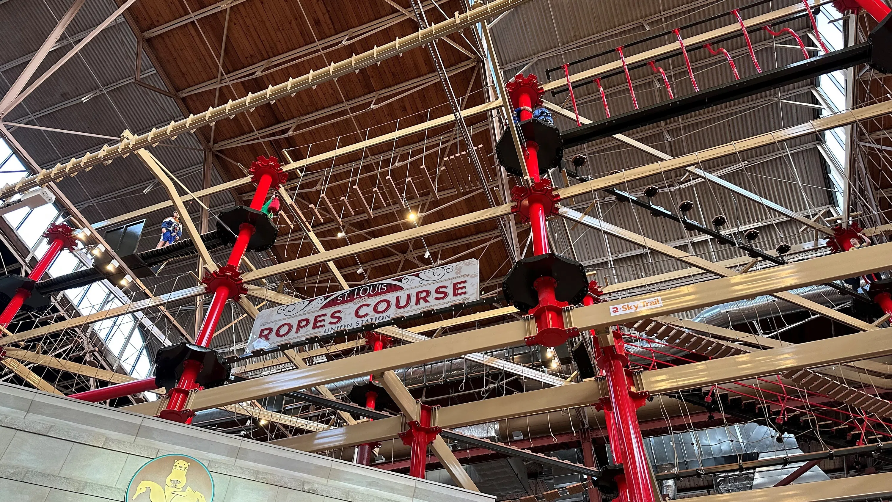 Image of someone standing overhead completing a red ropes coruse