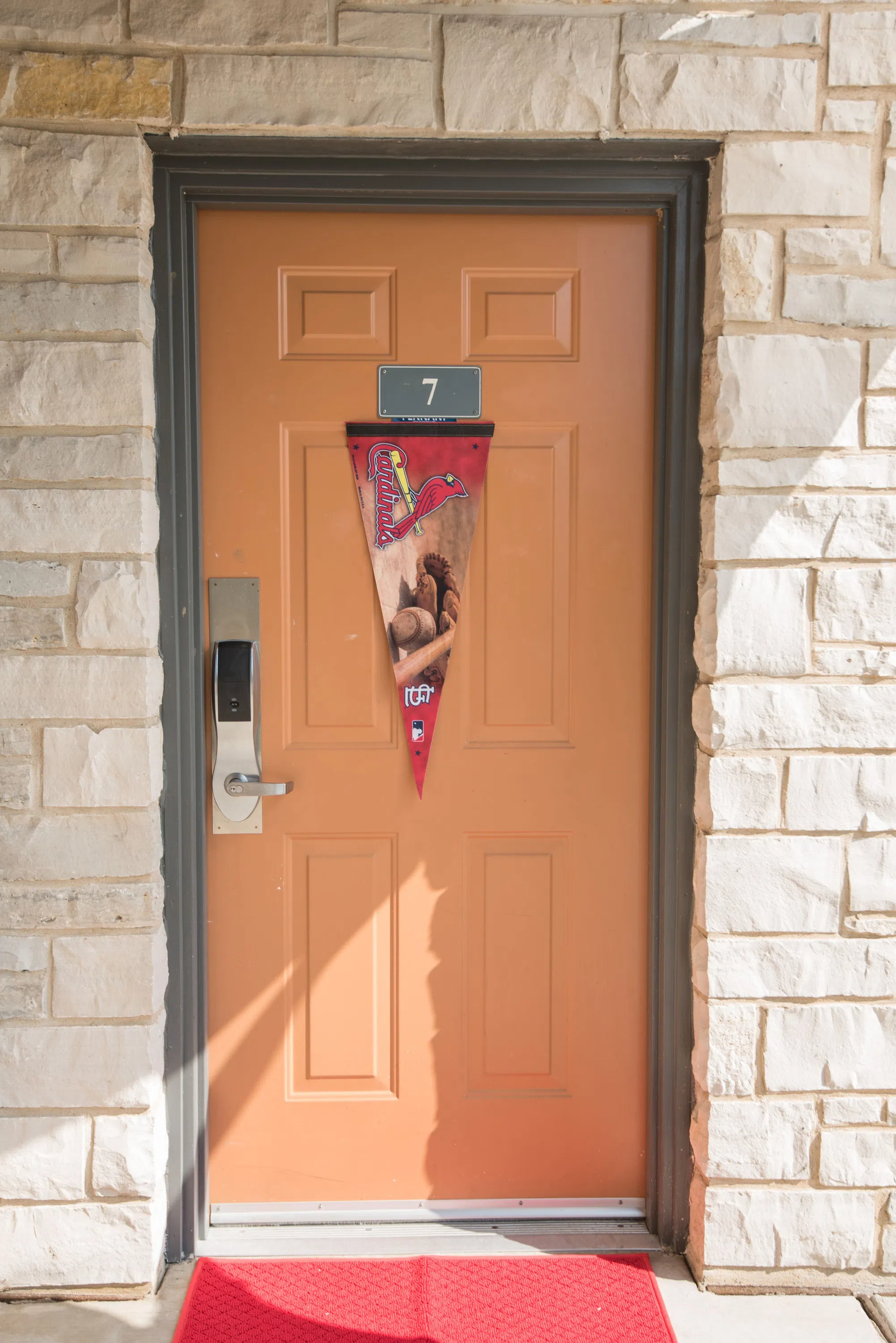 The front door of an apartment. Each room has keycard entry using the digital student ID. 