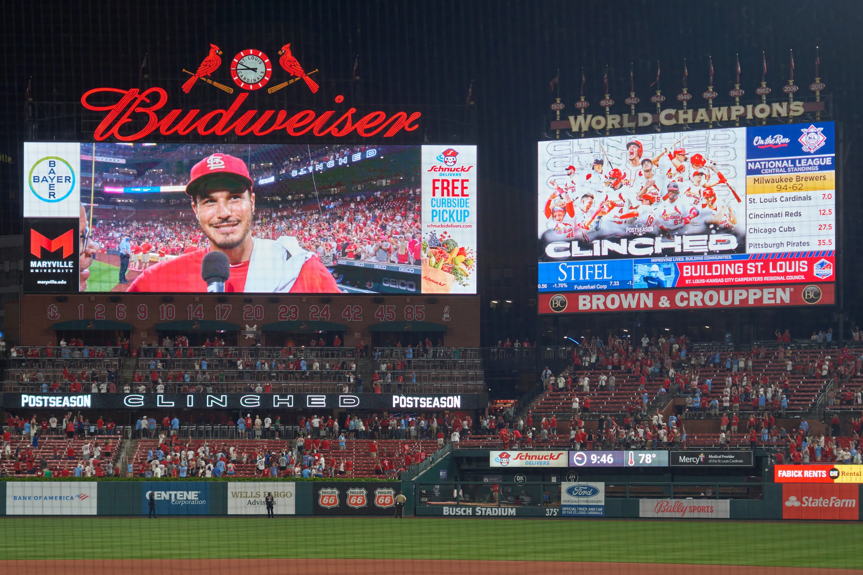 Big Red "M" on the scoreboard at Busch Stadium