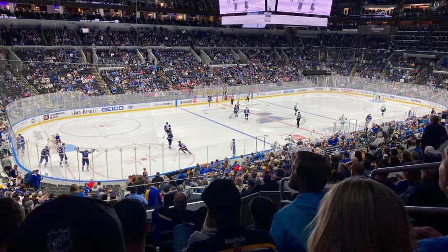 Players on the ice at a Blues Game