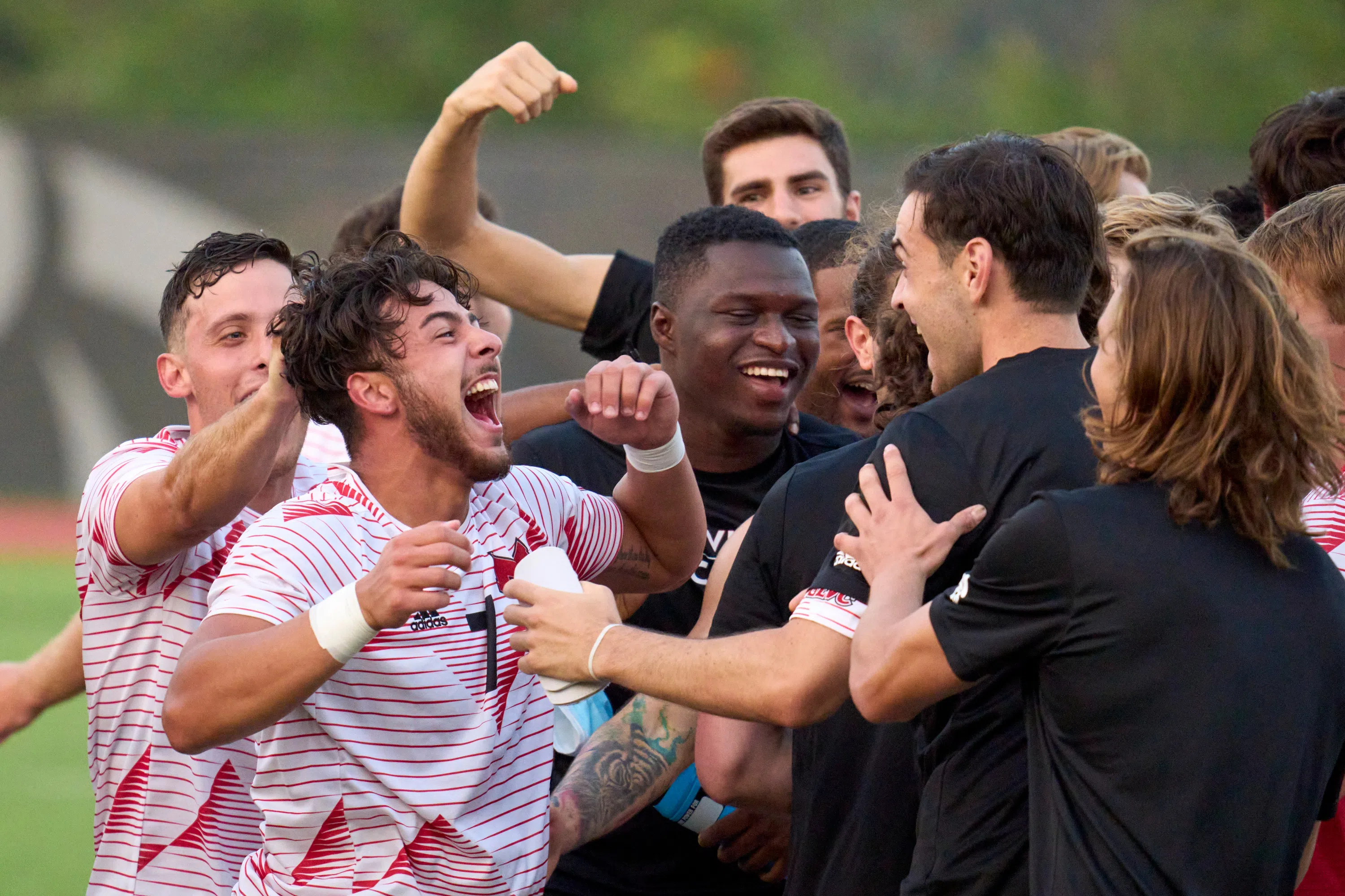 The men's soccer team celebrates a win on the field.