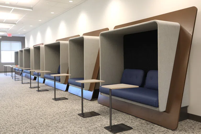 Study pods are located on the second floor giving students a secluded place to study. Each pod is equipped with outlets to charge your devices.