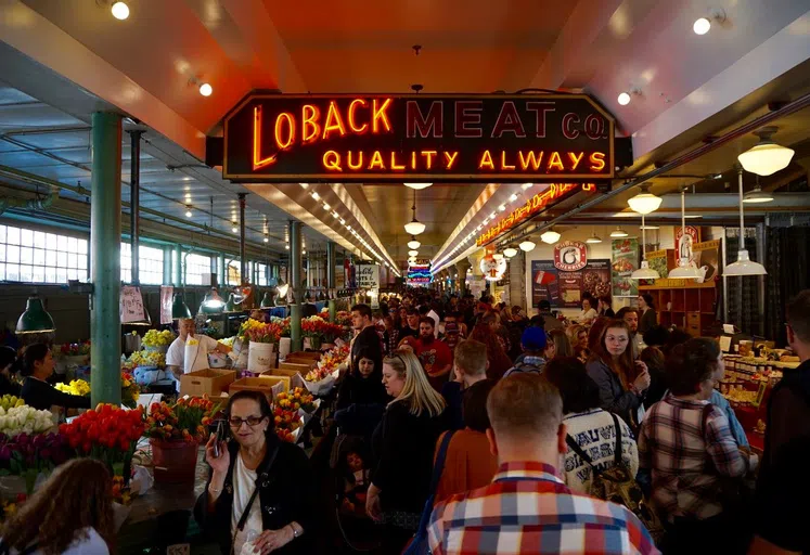 View of the many produce and meat stalls 