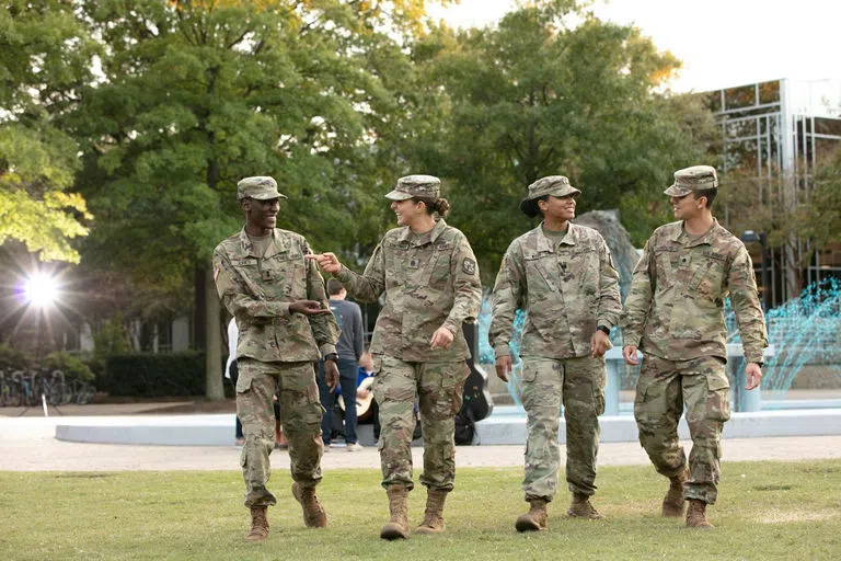 Military students walk across campus