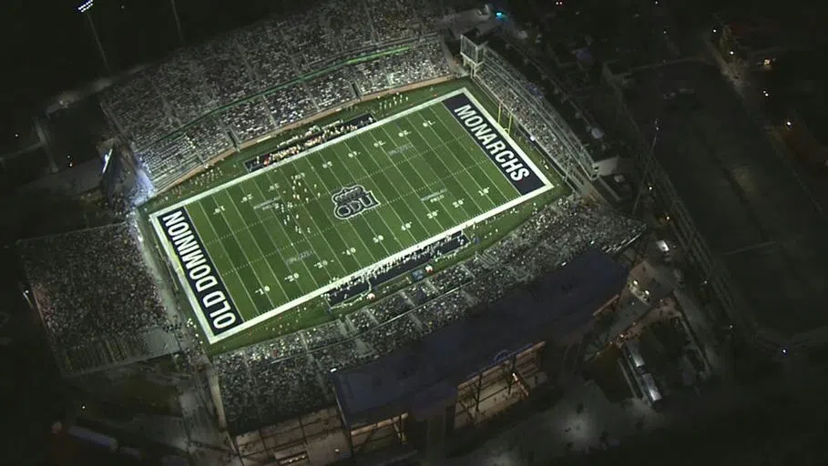 An aerial view of the stadium at night.