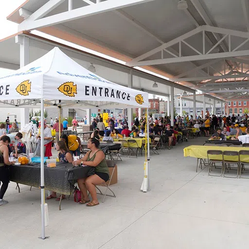 Legacy Square offers an open market feel with coverd parking options. The space is utilized for a variety of events such as outdoor concerts, farmers markets and church services. 