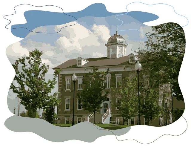 Campus building with trees and clouds