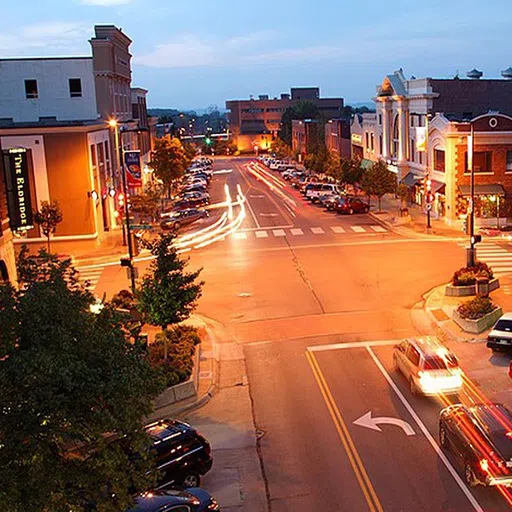 Lawrence (KS) downtown in the evening on Massachussetts Street