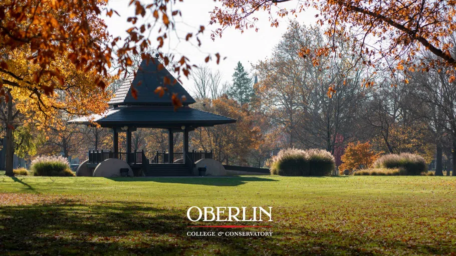 A fall day on campus has the Tappan Square bandstand pictured. 