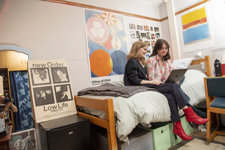 Two students sit on a lofted bed and look at a computer. 