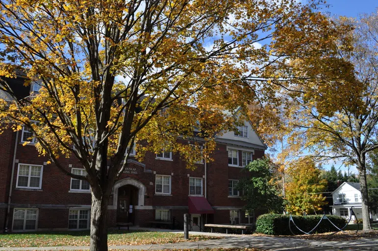 View of the grounds around DK Hall, grass, trees, and paths.