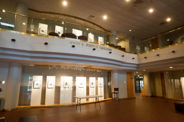 A brightly illuminated gallery. It reads John E. Fisher Gallery.