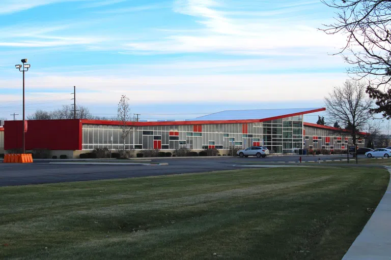 Red building with glass windows