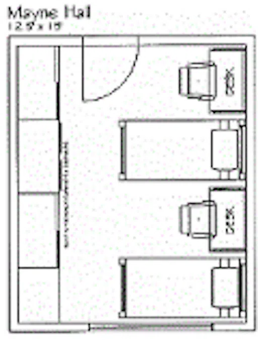 A double-occupancy room with two beds and two desks.