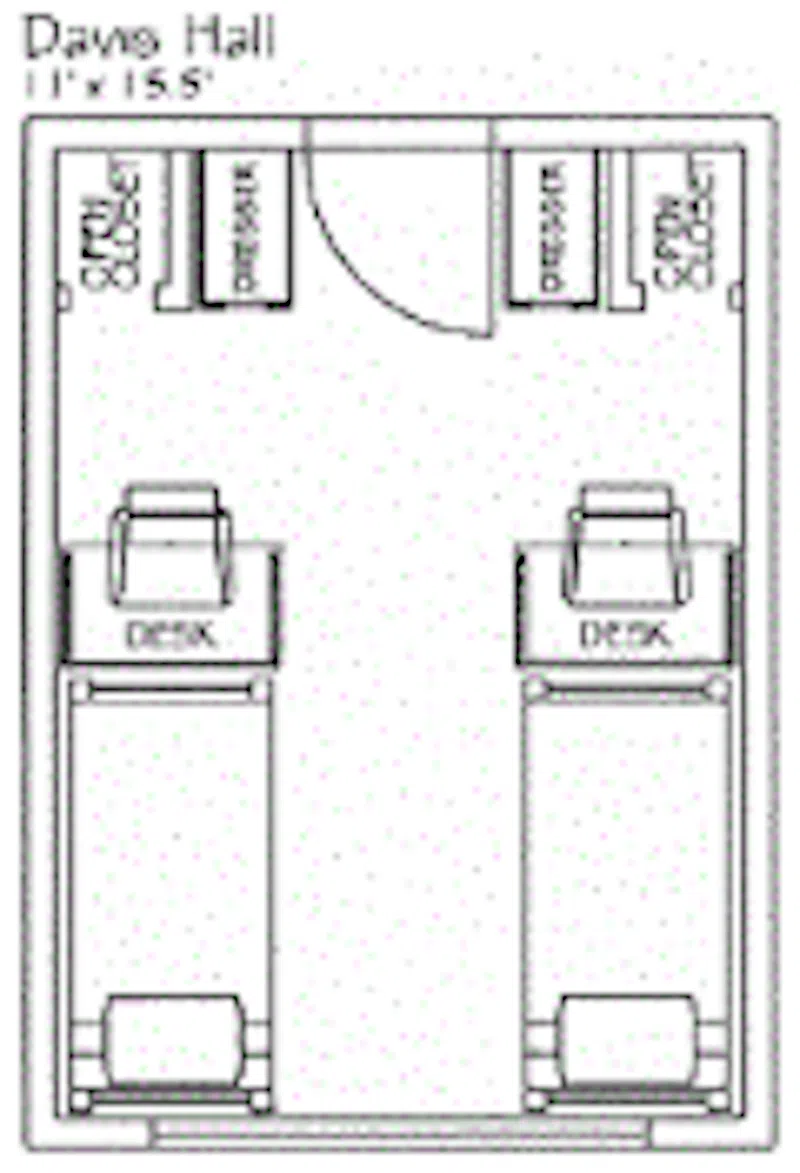 A double-occupancy room with two beds at each end with desks at the foot of each.