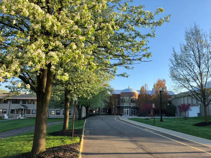 View of the front facade of the Clements Center, home of Otterbein Athletics, as seen from Davis Hall.