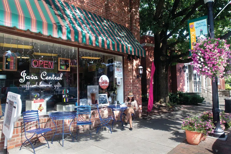 A view of Uptown Westerville showing shops and cafes.