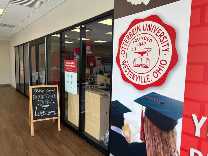 The Otterbein Bookstore. There is the Otterbein University stamp on the wall to the right of the glass windows