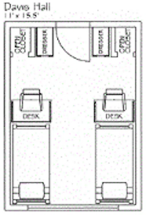 A double-occupancy room with two beds at each end with desks at the foot of each.