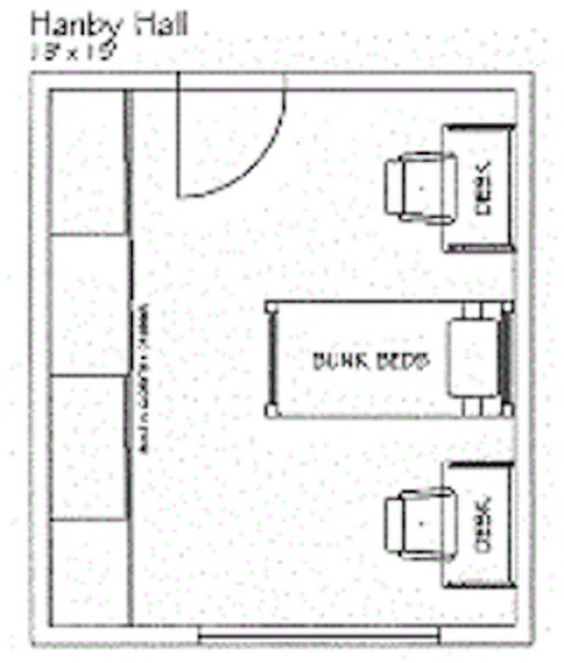 A double-occupancy room with two desks separated by a over-and-under bunk beds.