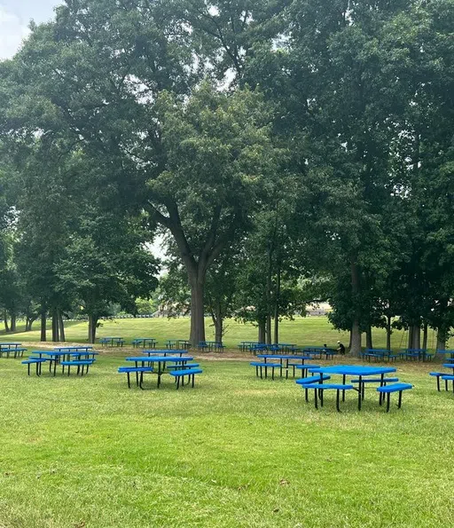 PGCC Picnic Grove blue picnic benches located in shaded area lined with trees