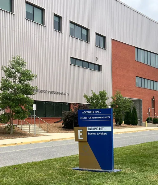 Parking Lot E is the parking lot closest to Accokeek Hall and the Center for Performing Arts