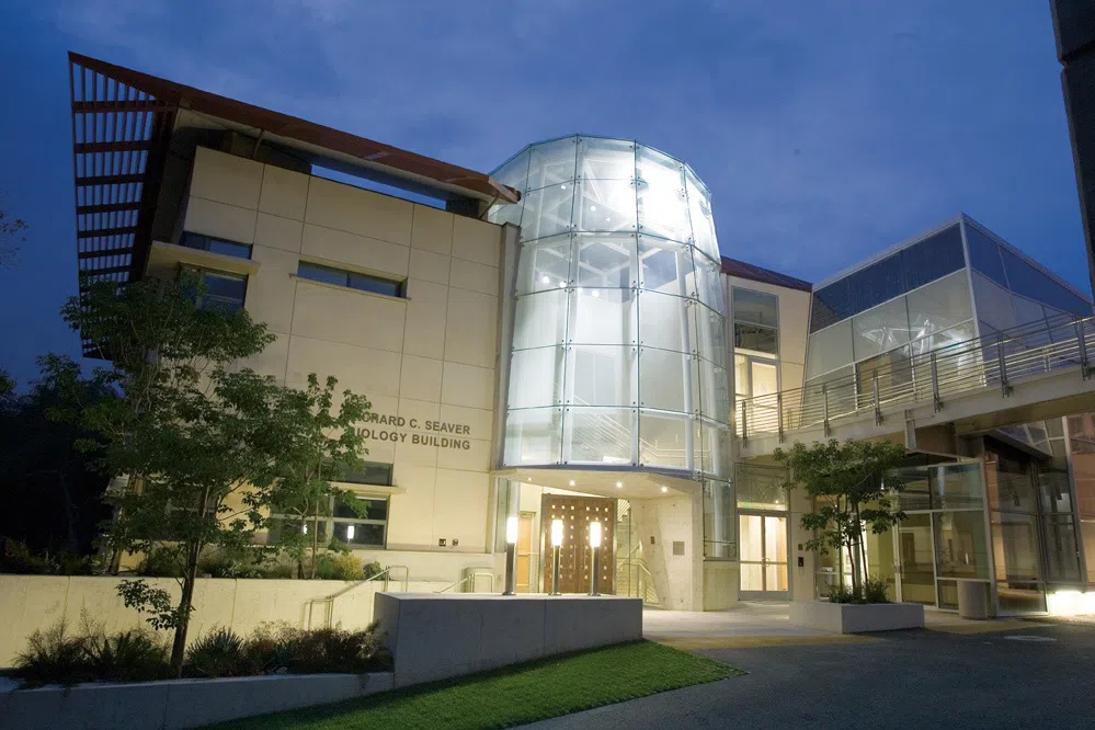 Night view of Seaver Biology Building
