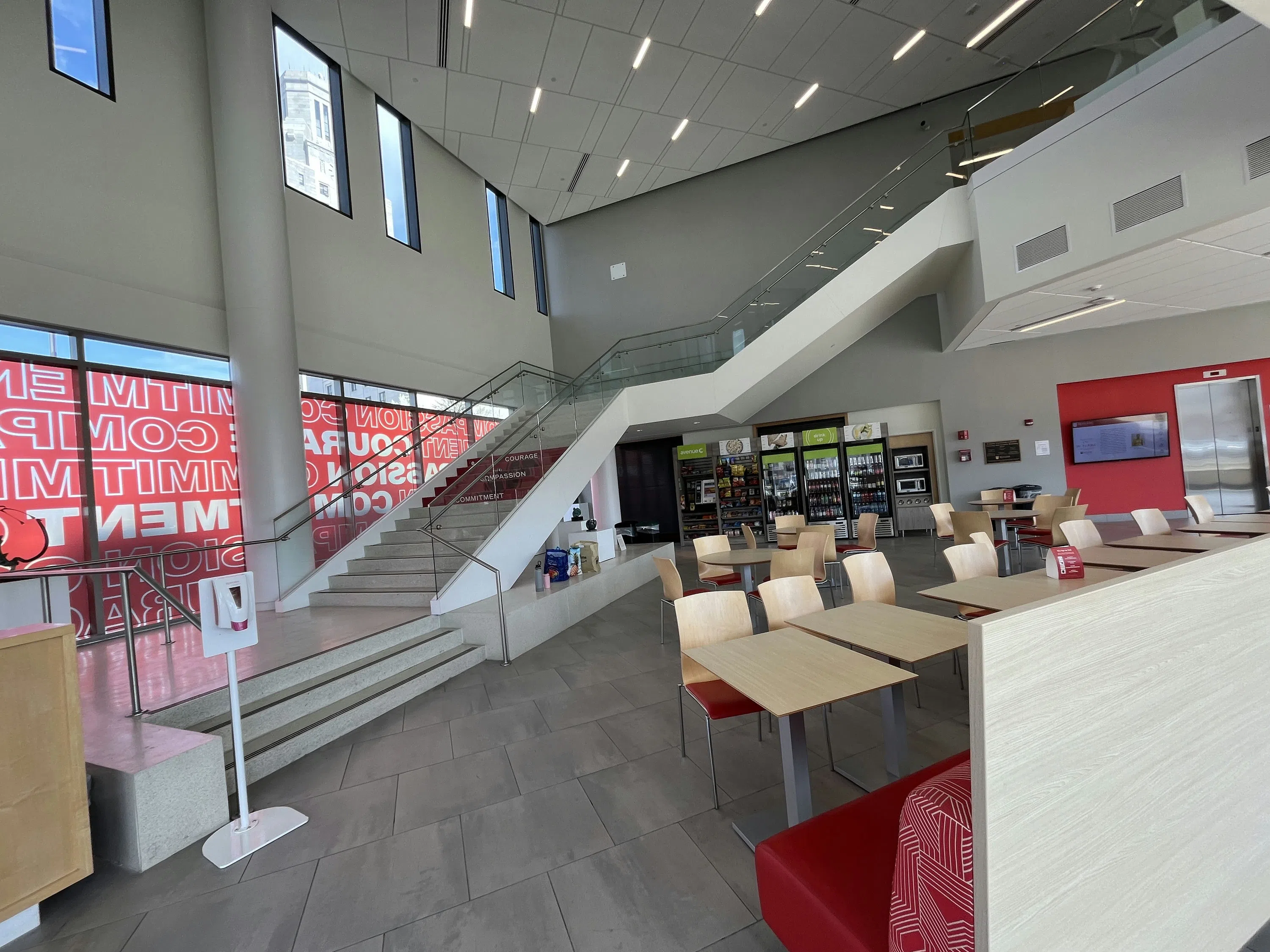 A grand staircase is located inside of the Nursing and Science Building.