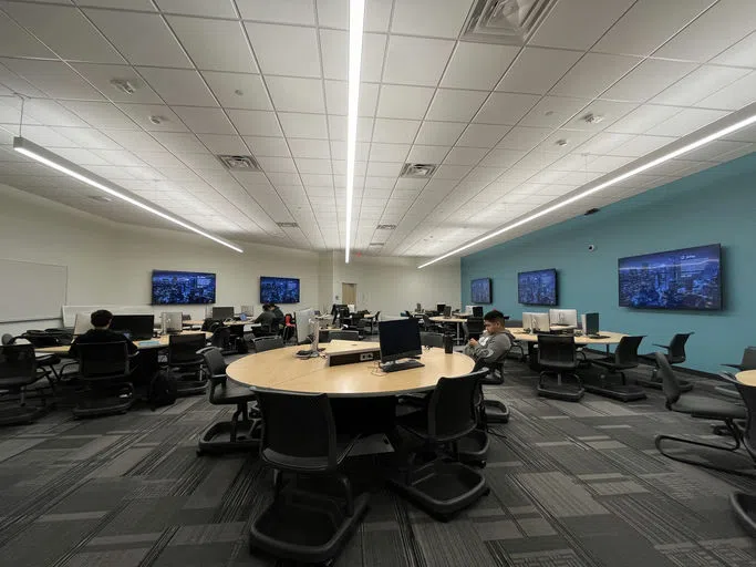 Students work in a computer lab.